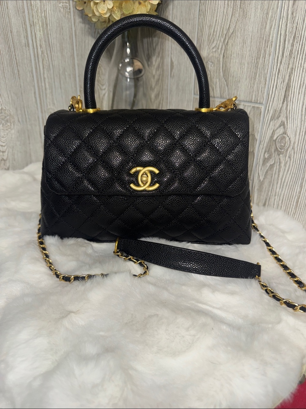 DESIGNER INSPIRED Black Quilted Top-Handle Satchel with Gold Hardware